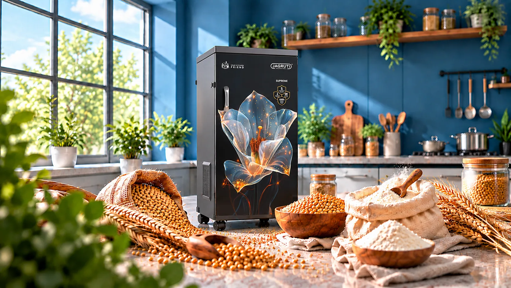 Jagruti Supreme domestic flour mill in a sunlit kitchen with wheat and fresh flour